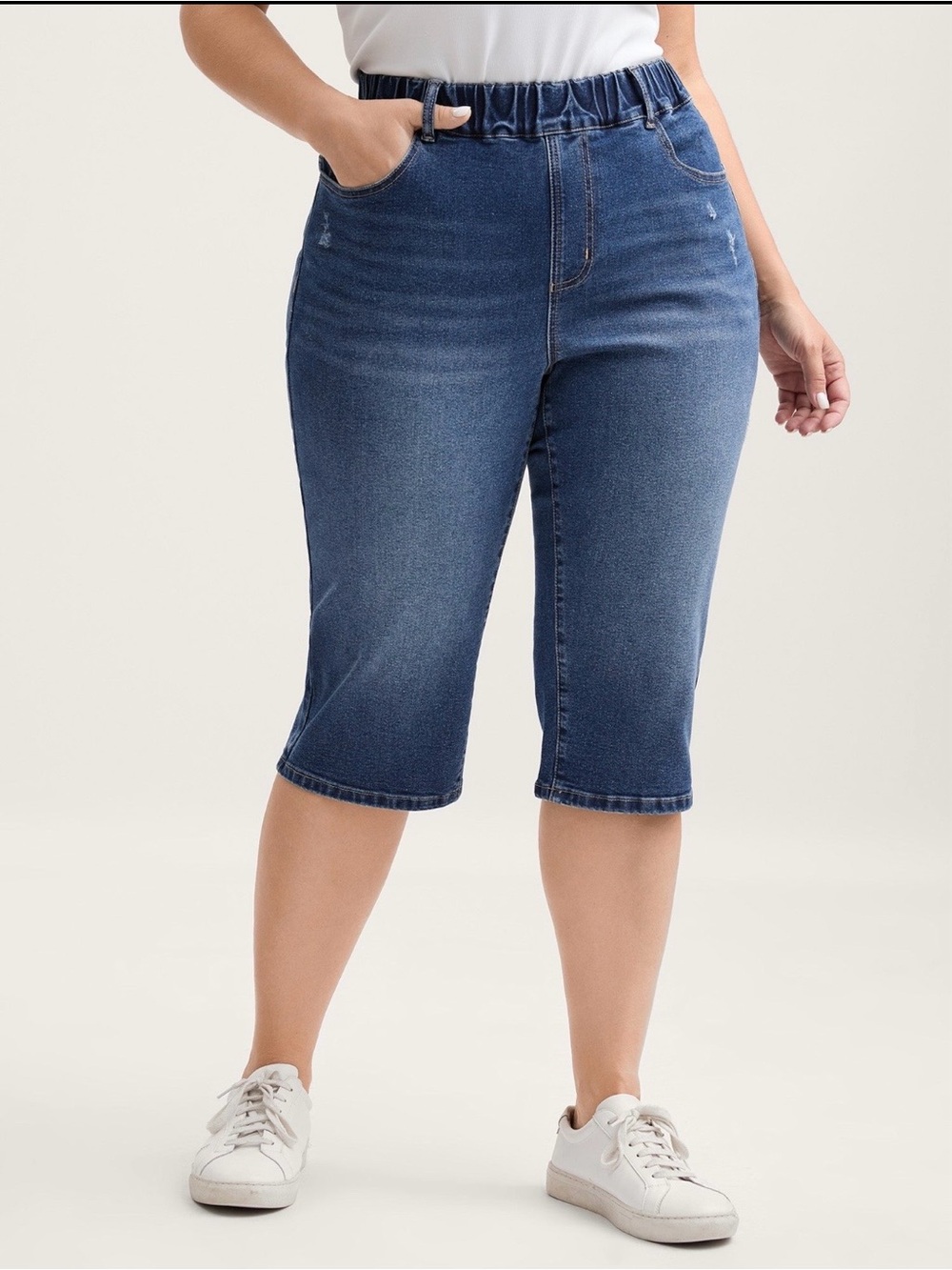 Pull-On Medium Wash Denim Capris with Stretchy Waist